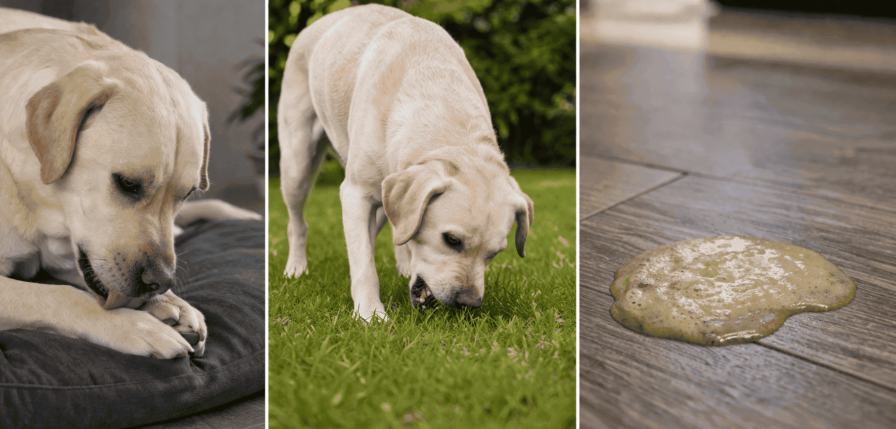 Labrador Nala mit Symptomen von Sodbrennen – Pfoten lecken, Gras fressen und gelblich-schaumiges Erbrochenes