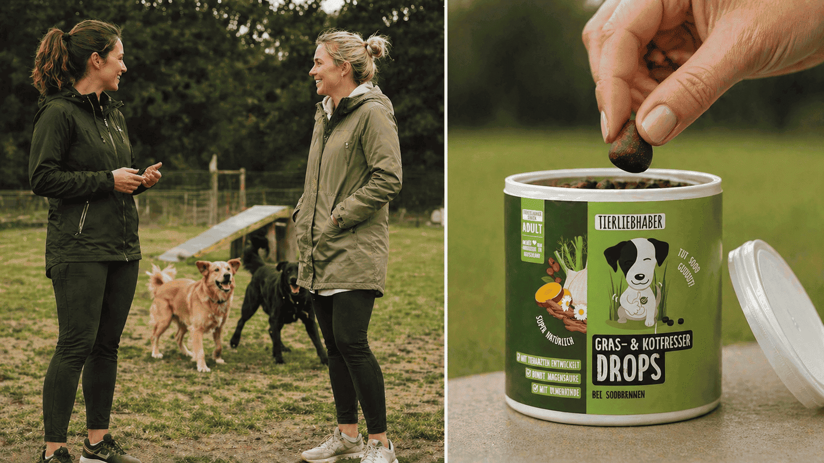 Zwei Hundebesitzerinnen im Gespräch auf dem Hundeplatz und eine Dose Tierliebhaber Gras- & Kotfresser Drops bei Sodbrennen